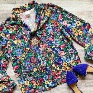Vintage 70s Bright Abstract Floral Long Sleeve Tie Neck Button Up Blouse Large